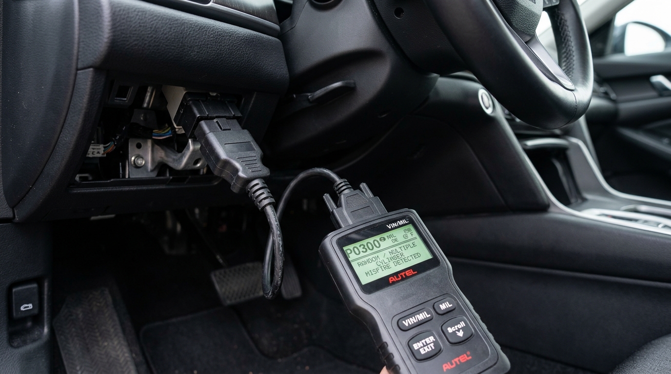 Автомобильный сканер OBD-II подключен к разъему под рулем для считывания ошибок Check Engine