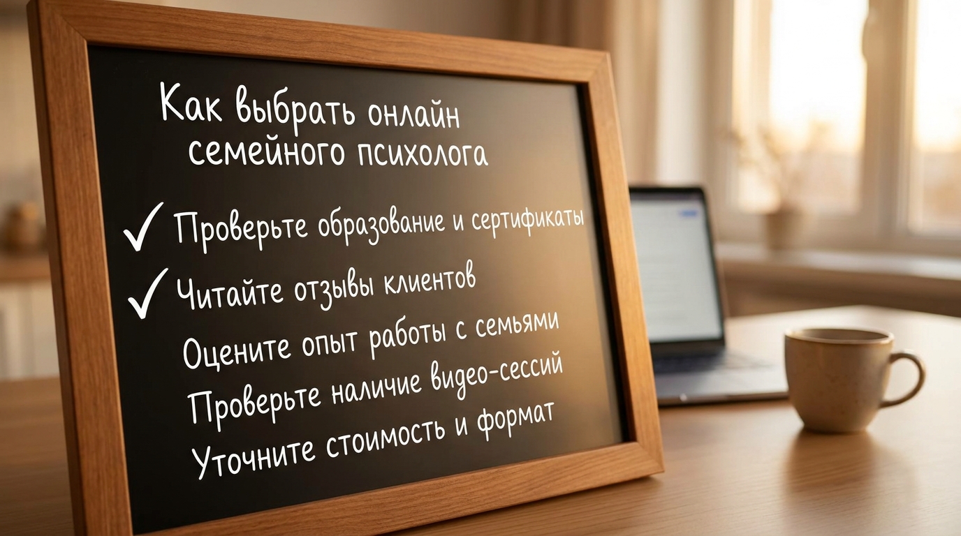 Чек-лист для выбора онлайн семейного психолога на доске с маркером