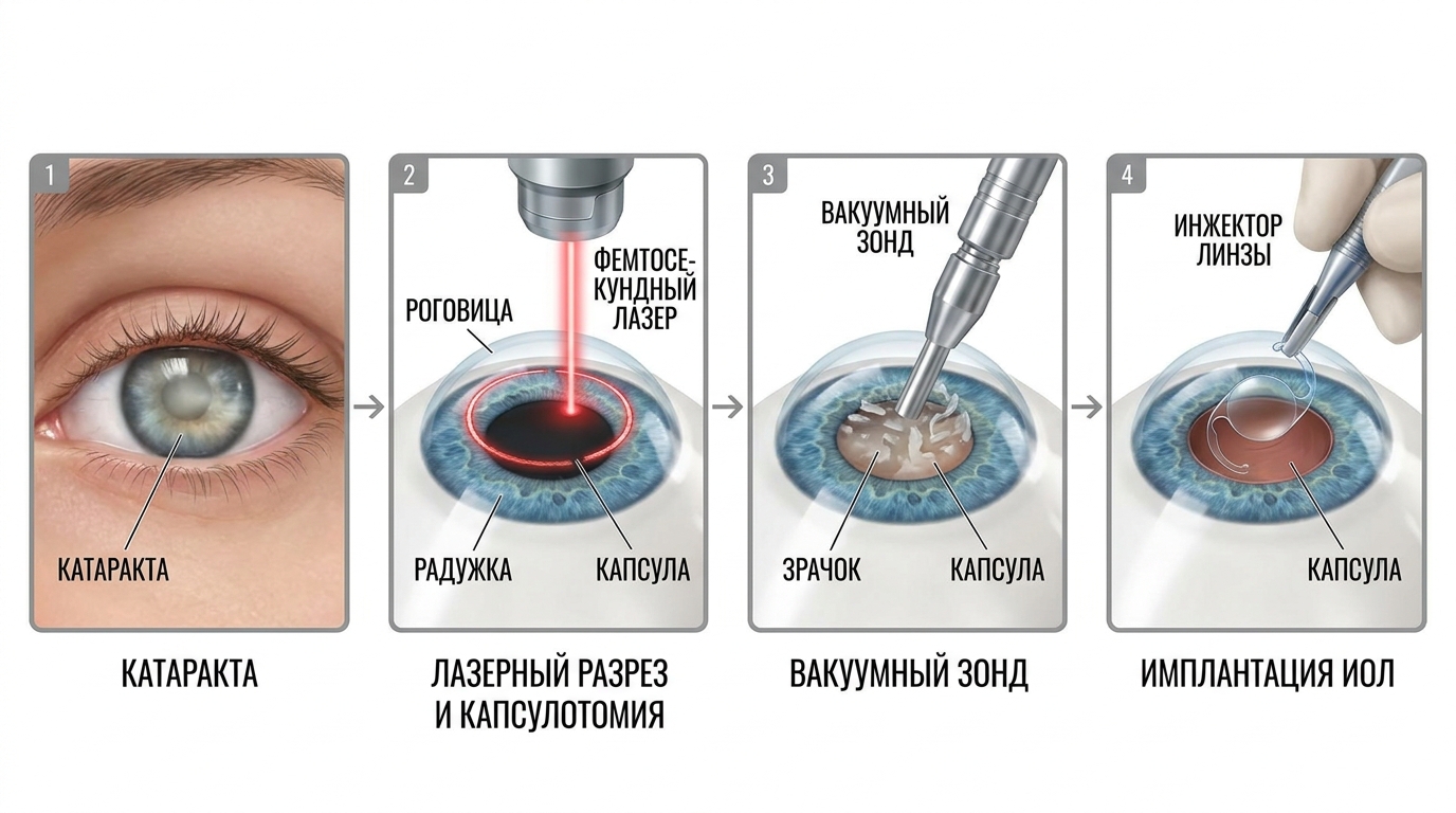 Схема этапов замены хрусталика при катаракте: лазерный разрез и имплантация линзы