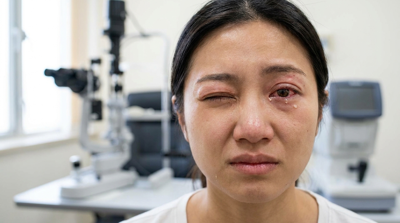 Женщина моргает, показывая раздраженные сухие глаза с покраснением и слезотечением на фоне офтальмологического оборудования