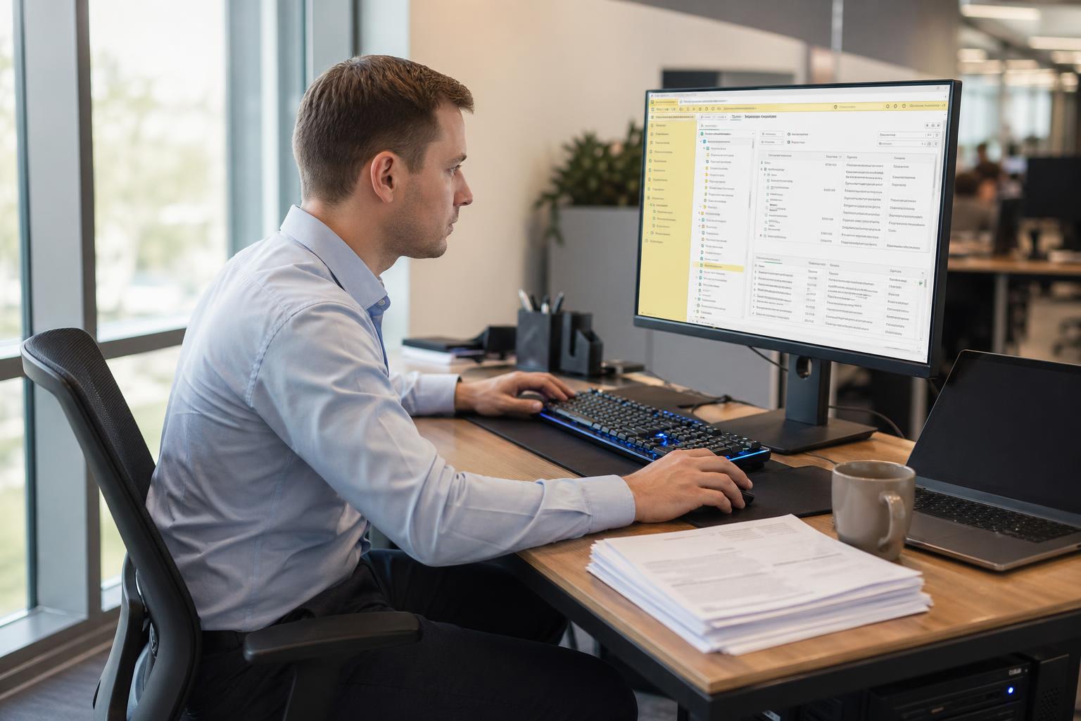 Специалист за компьютером настраивает модули 1С ERP в офисе компании