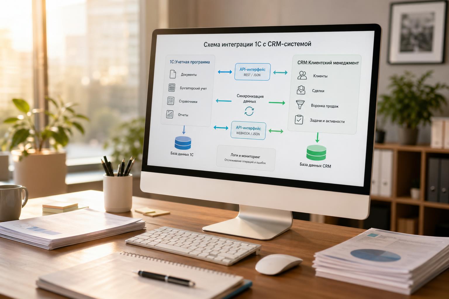 Схема интеграции 1С с CRM-системой, показывающая потоки данных между учетной программой и клиентским менеджментом