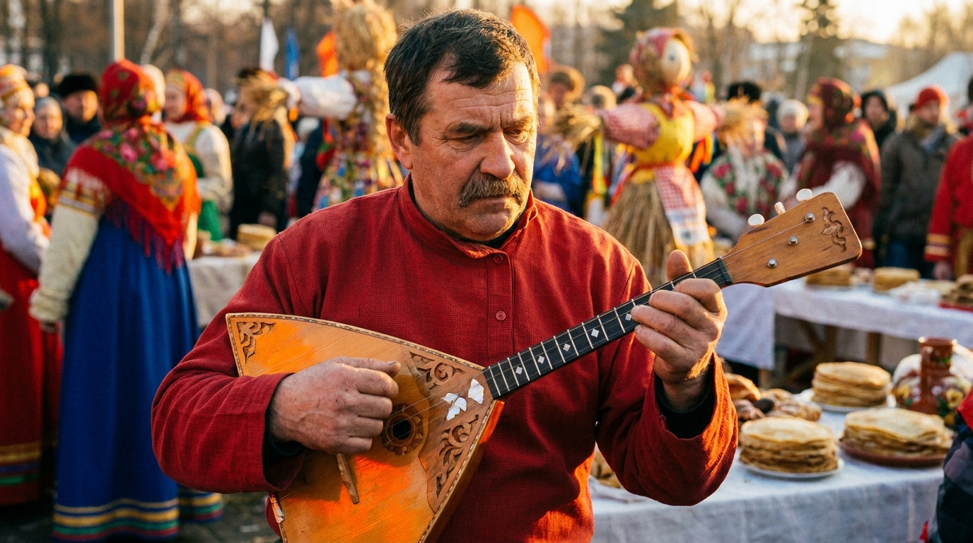Традиционная треугольная балалайка в руках музыканта на русском народном празднике