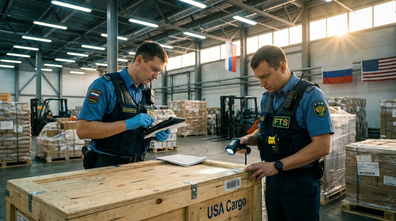 Сотрудники таможни проверяют декларацию на груз из США в российском терминале