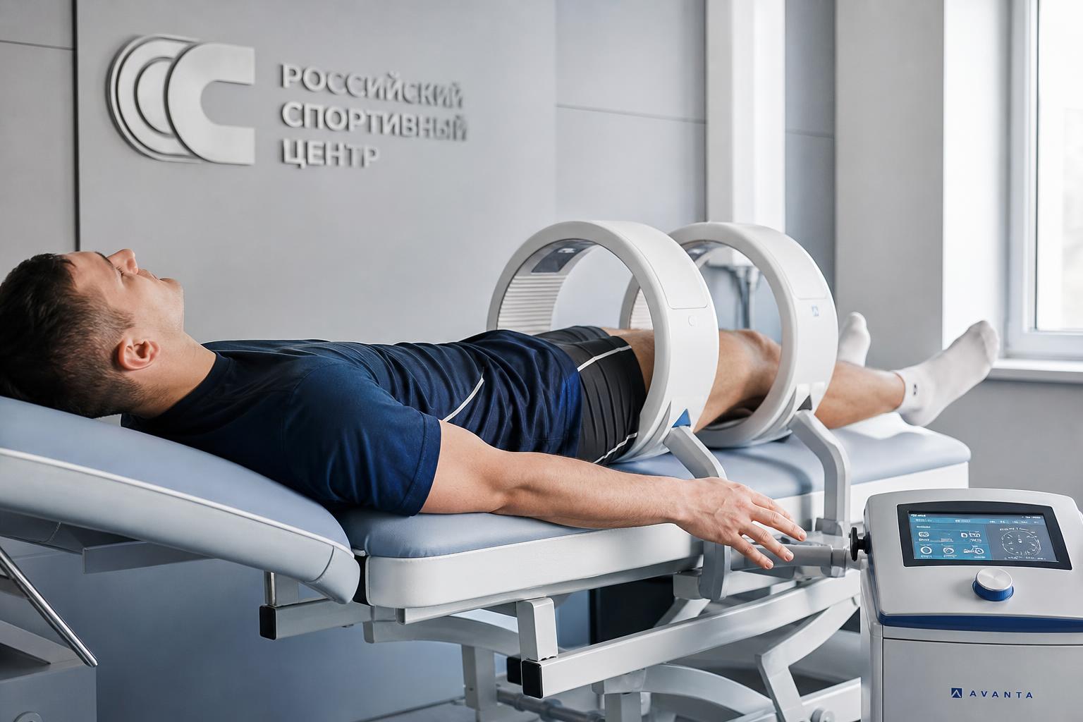 Спортсмен проходит сеанс магнитотерапии на современном аппарате в российском спортивном центре