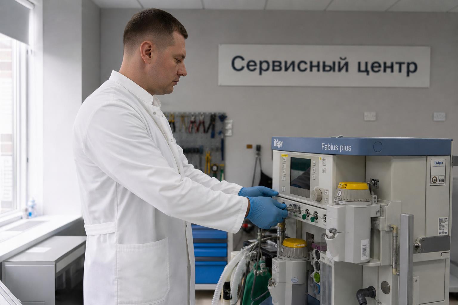 Техник проводит проверку наркозного аппарата в сервисном центре российской клиники