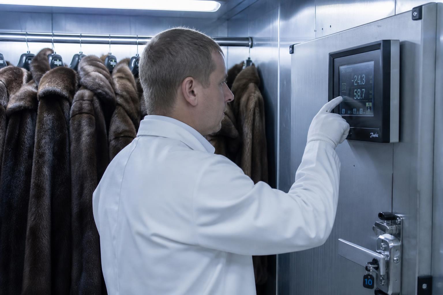 Специалист проверяет параметры температуры и влажности в холодильной камере с шубами