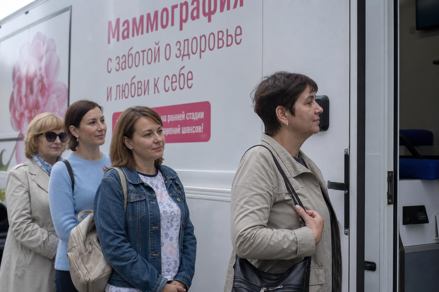 Женщины ожидают приема в очереди к передвижному маммографическому комплексу