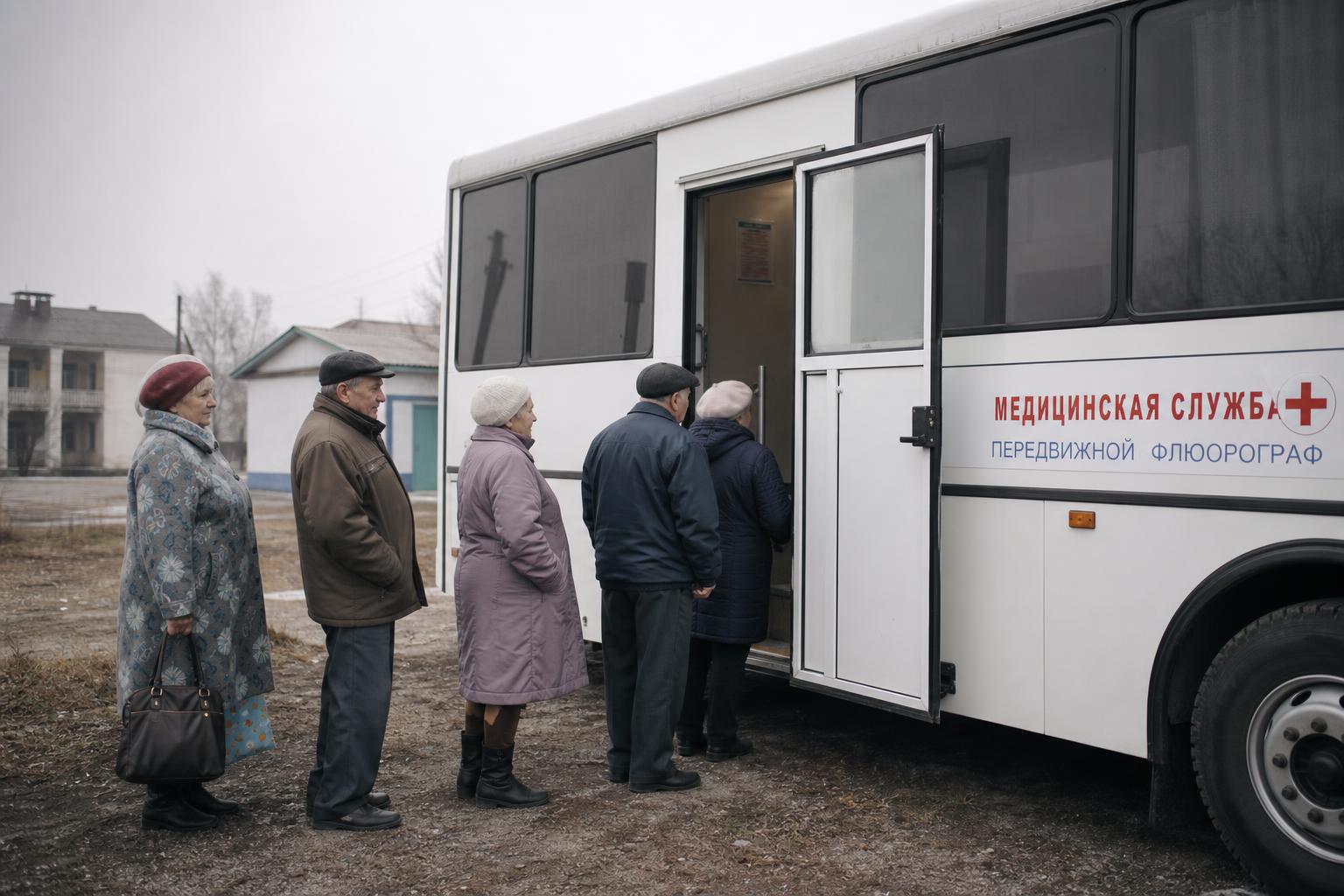 Пациенты ожидают своей очереди у входа в передвижной флюорографический кабинет в российском поселке