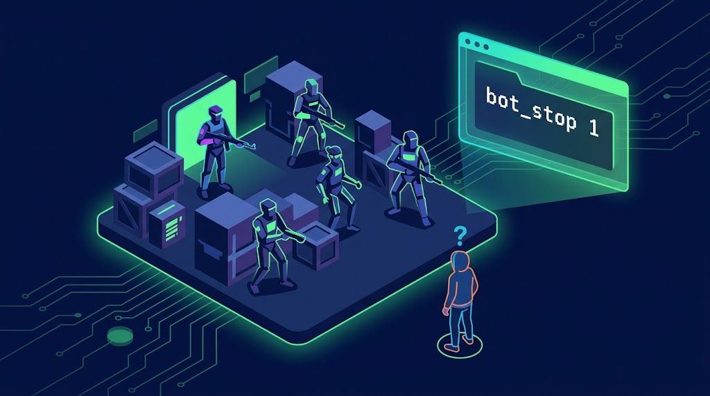 Боты стоят неподвижно на спауне в КС ГО, консоль с командой bot_stop