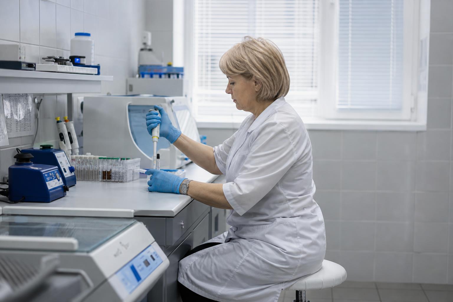 Лаборант в белом халате работает за столом на низком медицинском стуле без колес в лаборатории российской больницы