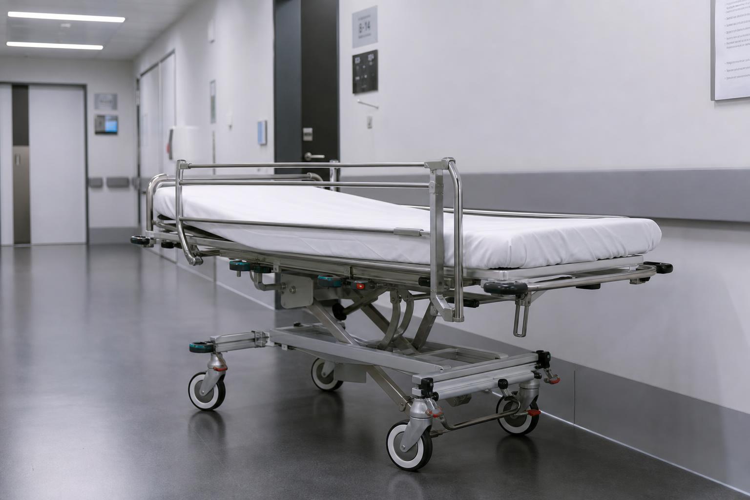Стандартная медицинская каталка в больничном коридоре с регулируемой высотой