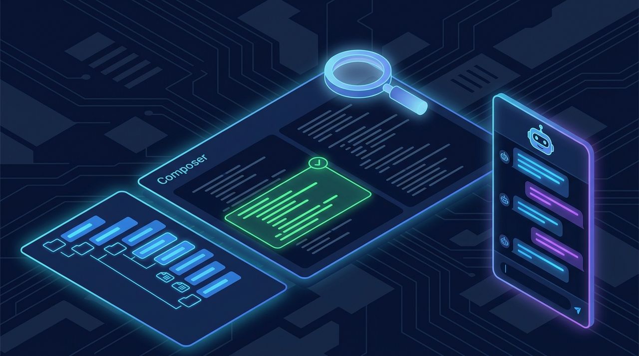 Интерфейс Cursor AI с чатом, деревом файлов и diff изменений