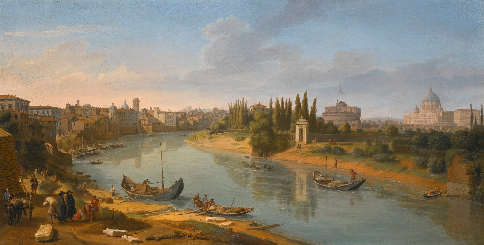 31ROME, A VIEW OF THE RIVER TIBER AT THE PORTO DELLA LEGNA LOOKING TOWARDS CASTEL SANT’ANGELO, WITH SAINT PETER’S BASILICA IN THE DISTANCE.jpg