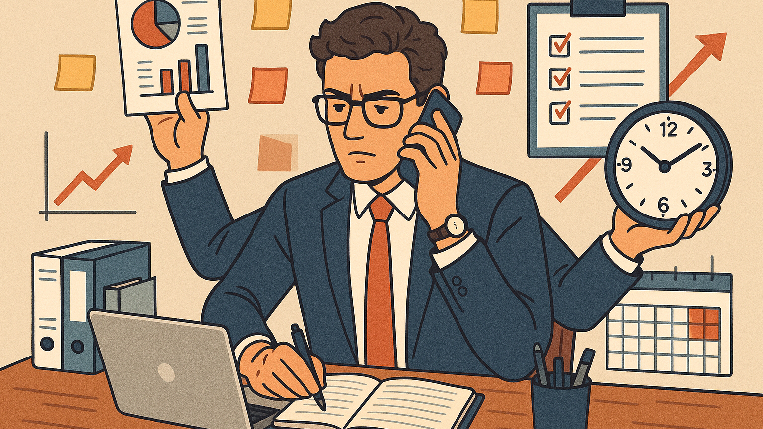 Изображение занятого специалиста, работающего за столом с плотным графиком и множеством задач.
