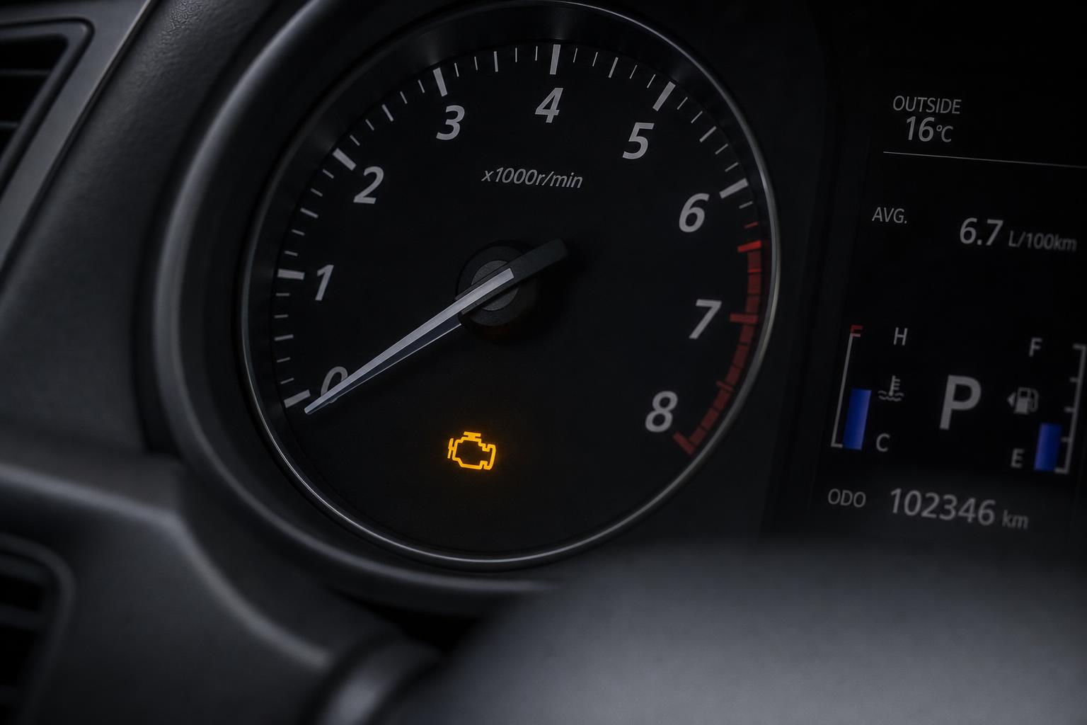 Приборная панель современного автомобиля с подсвеченным индикатором Check Engine