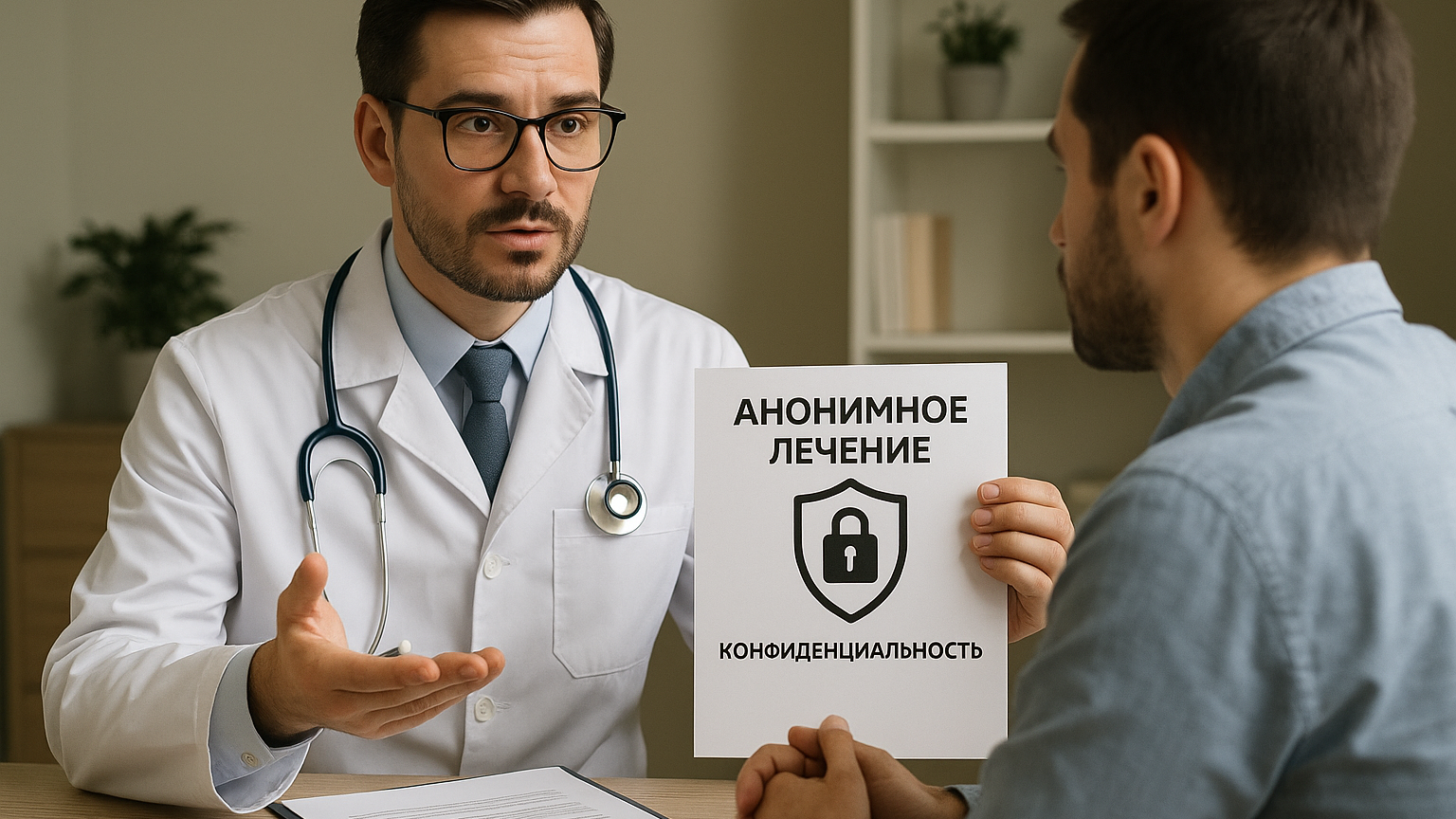 Изображение врача, который объясняет пациенту процесс анонимного лечения, подчеркивая важность врачебной тайны и конфиденциальности.