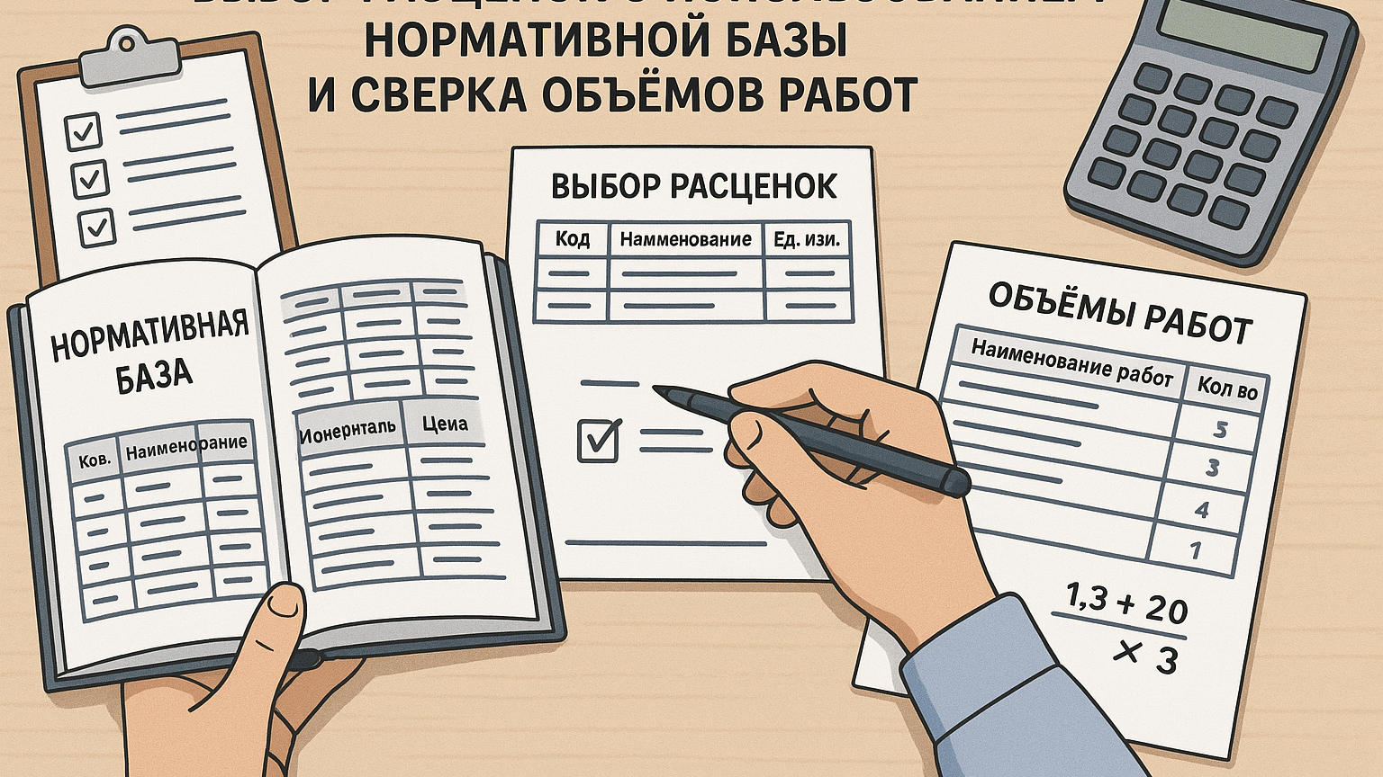 Процесс выбора расценок с использованием нормативной базы и сверка объёмов работ.